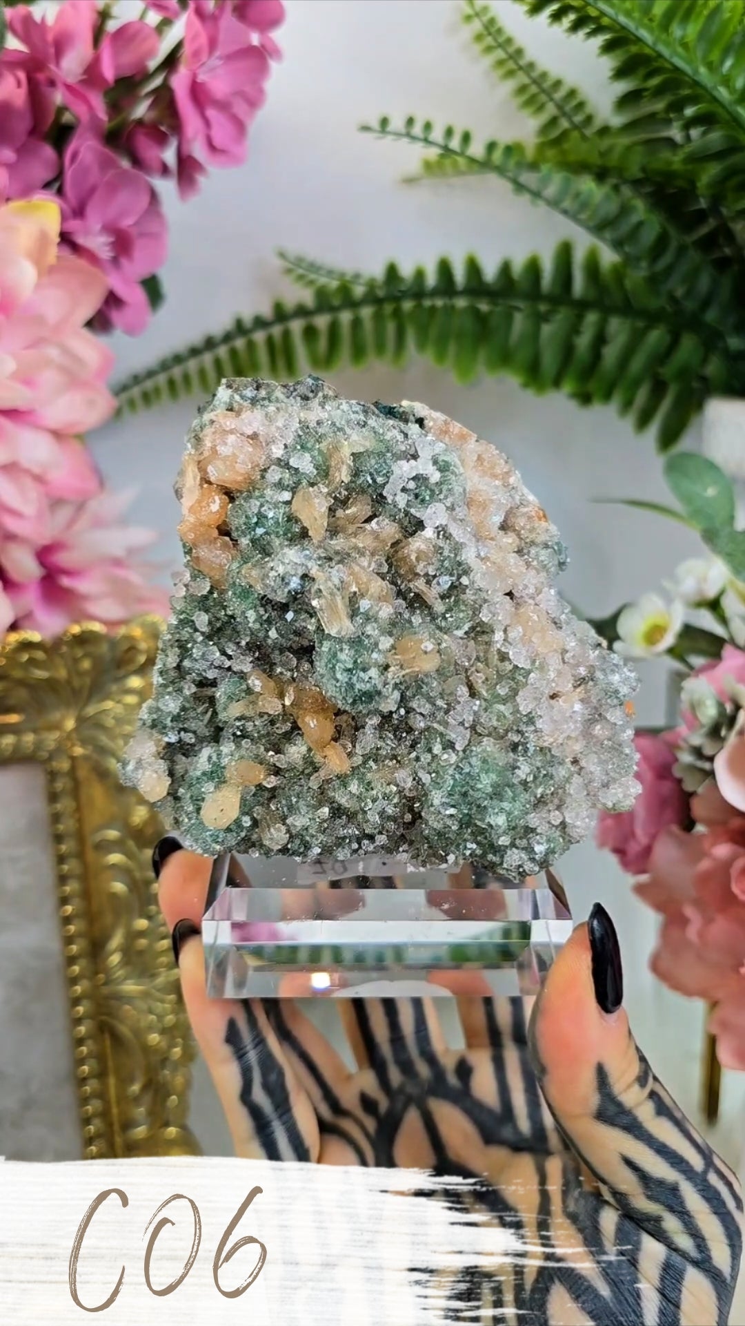 Sparkly Heulandite on Green Chalcedony