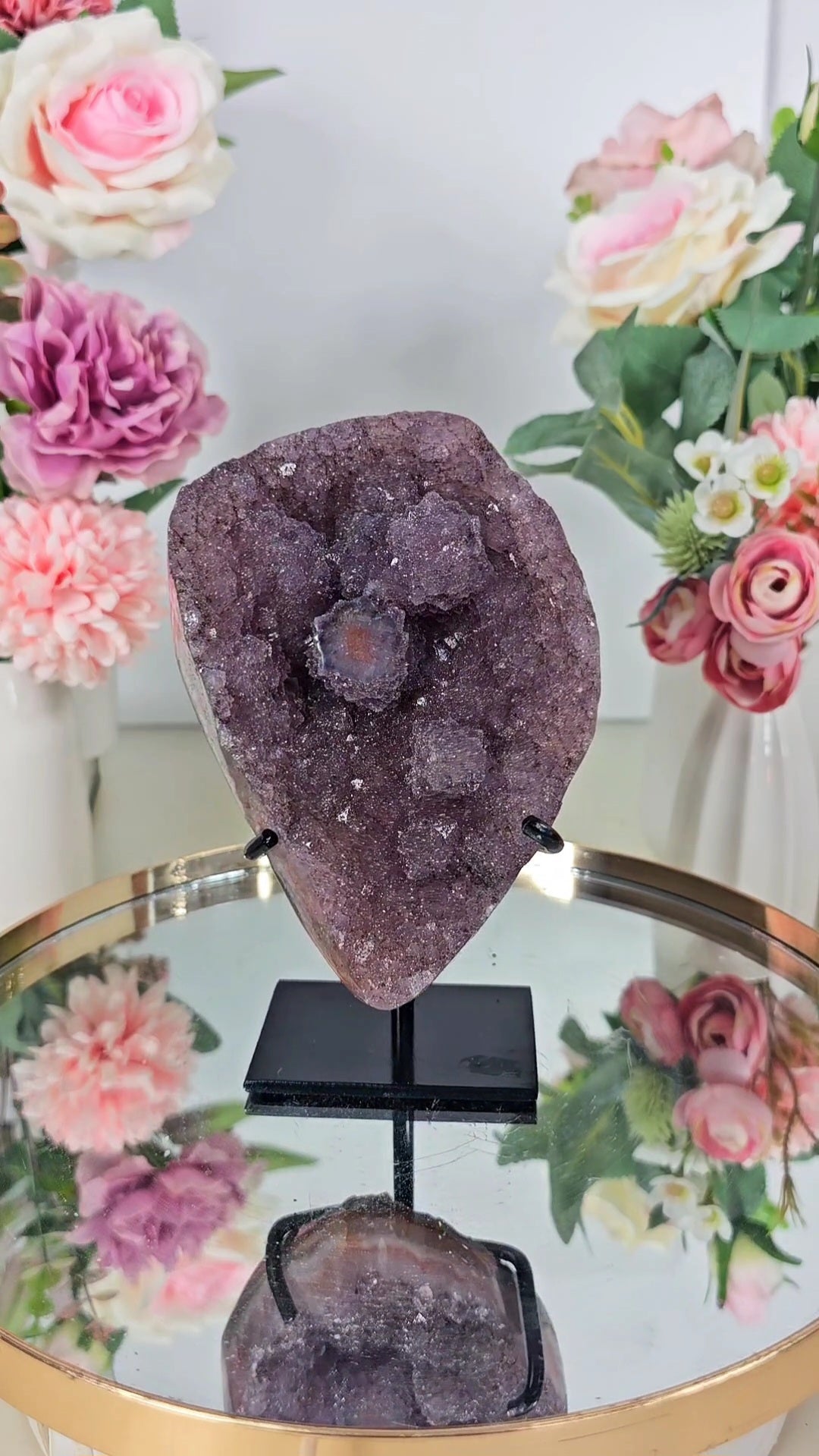 Amethyst Formation with golden soft sugar on Stand
