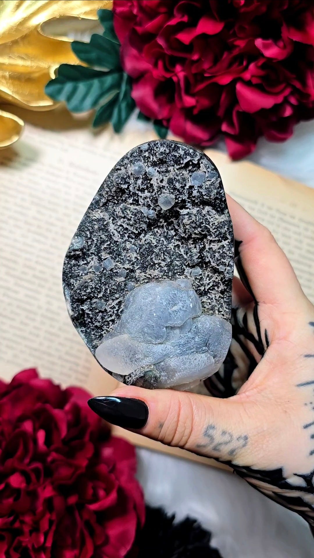 Black Amethyst with golden sugar and calcite Egg CE19