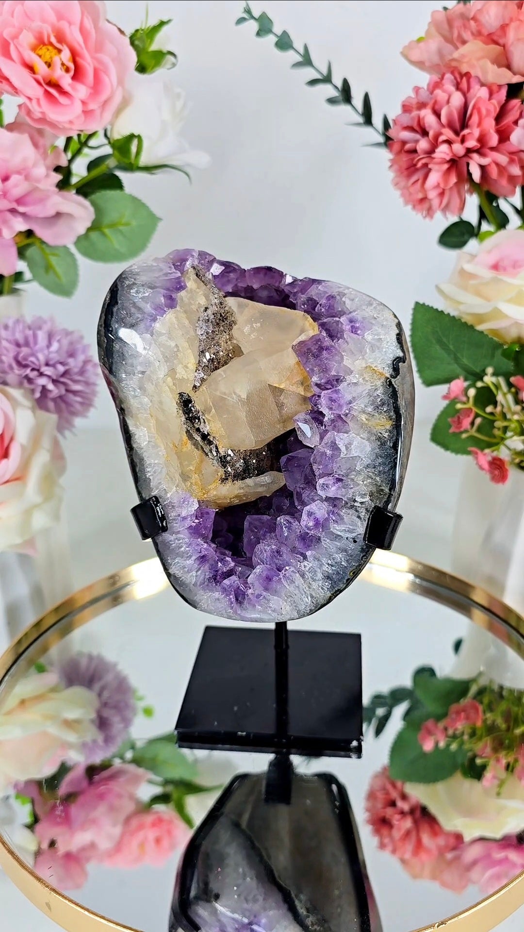 Amethyst with Calcite and Hematite on Stand 09