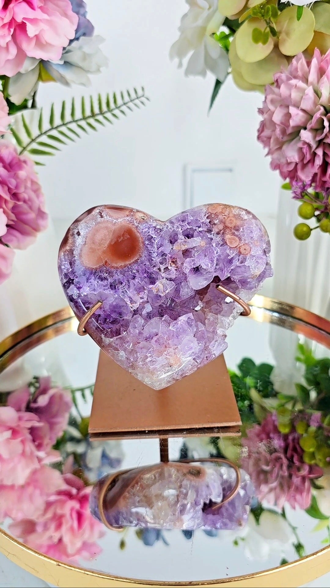 Pink Amethyst Heart on stand H19