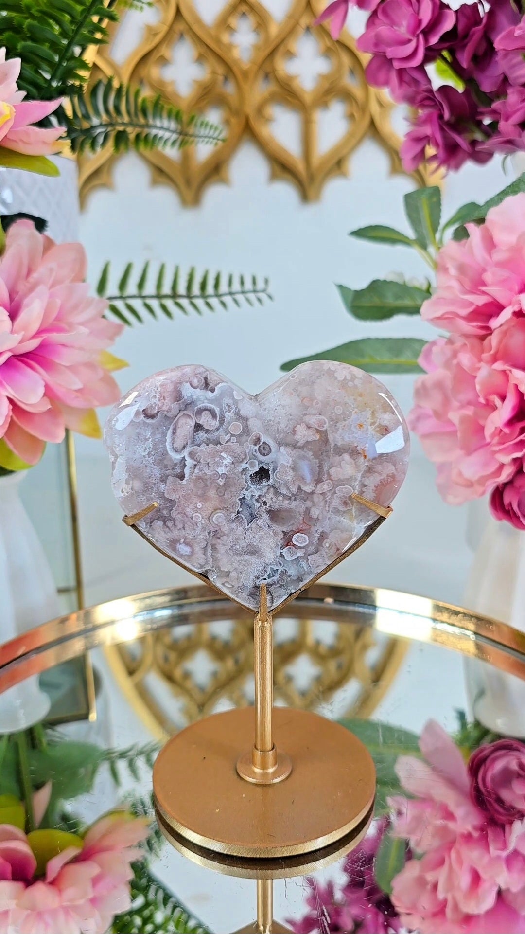 Pink Amethyst x Flower Agate Heart on Stand 12