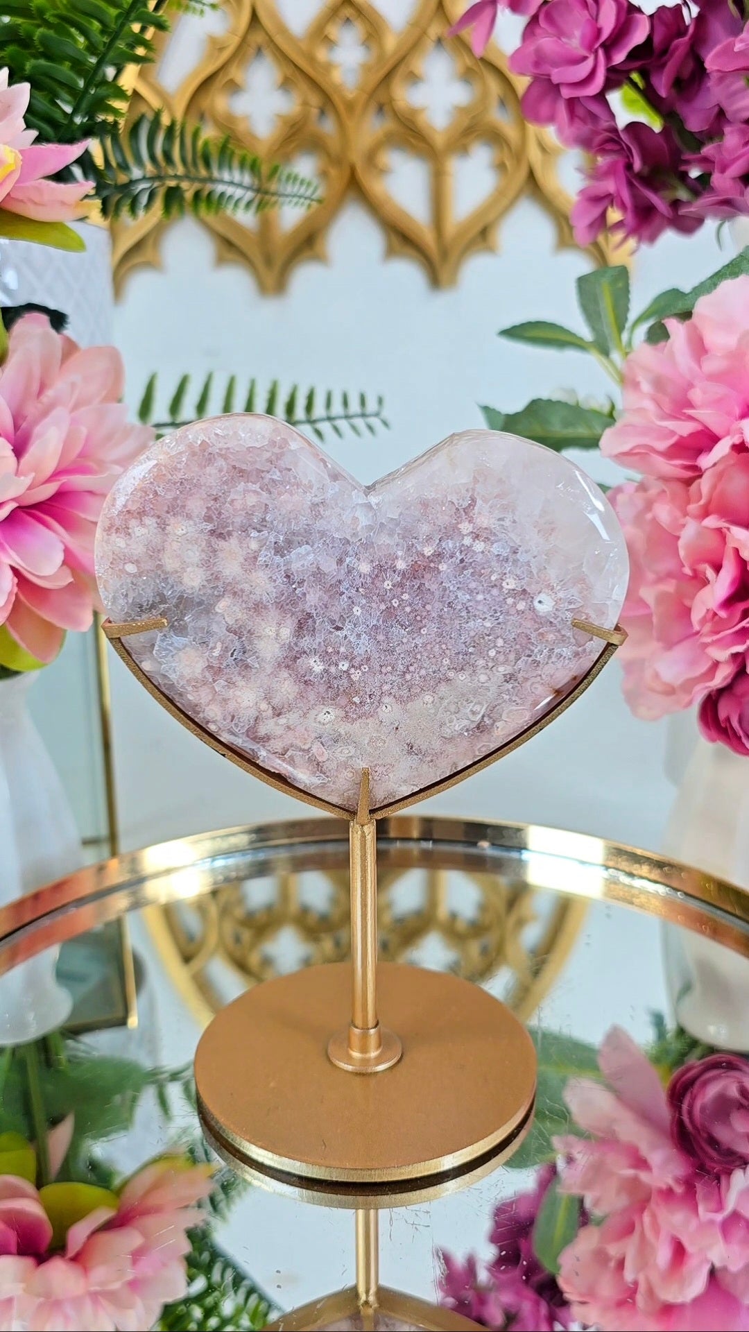 Pink Amethyst x Flower Agate Heart on Stand 14