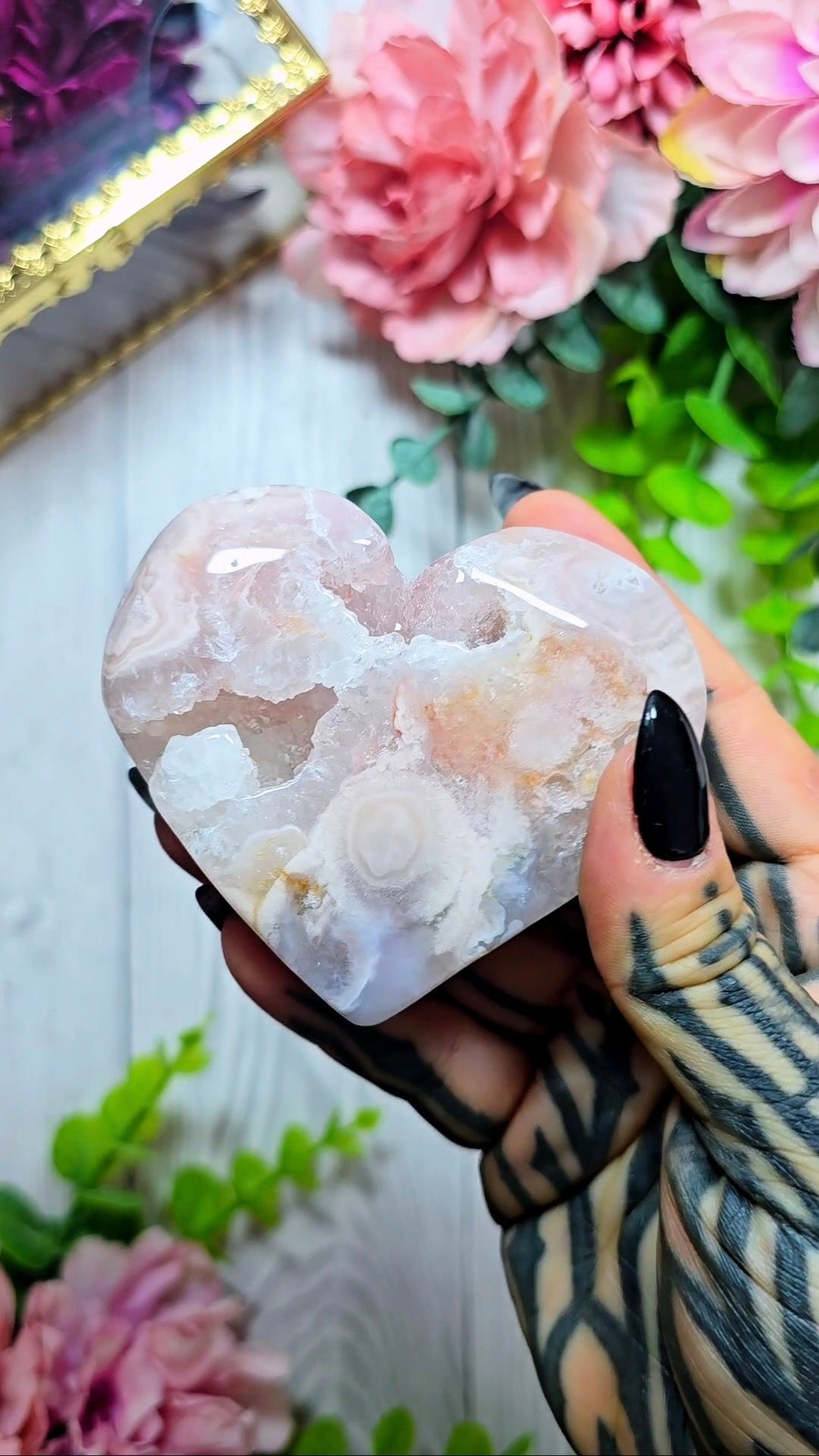 Pink Amethyst x Flower Agate Heart on Stand 16