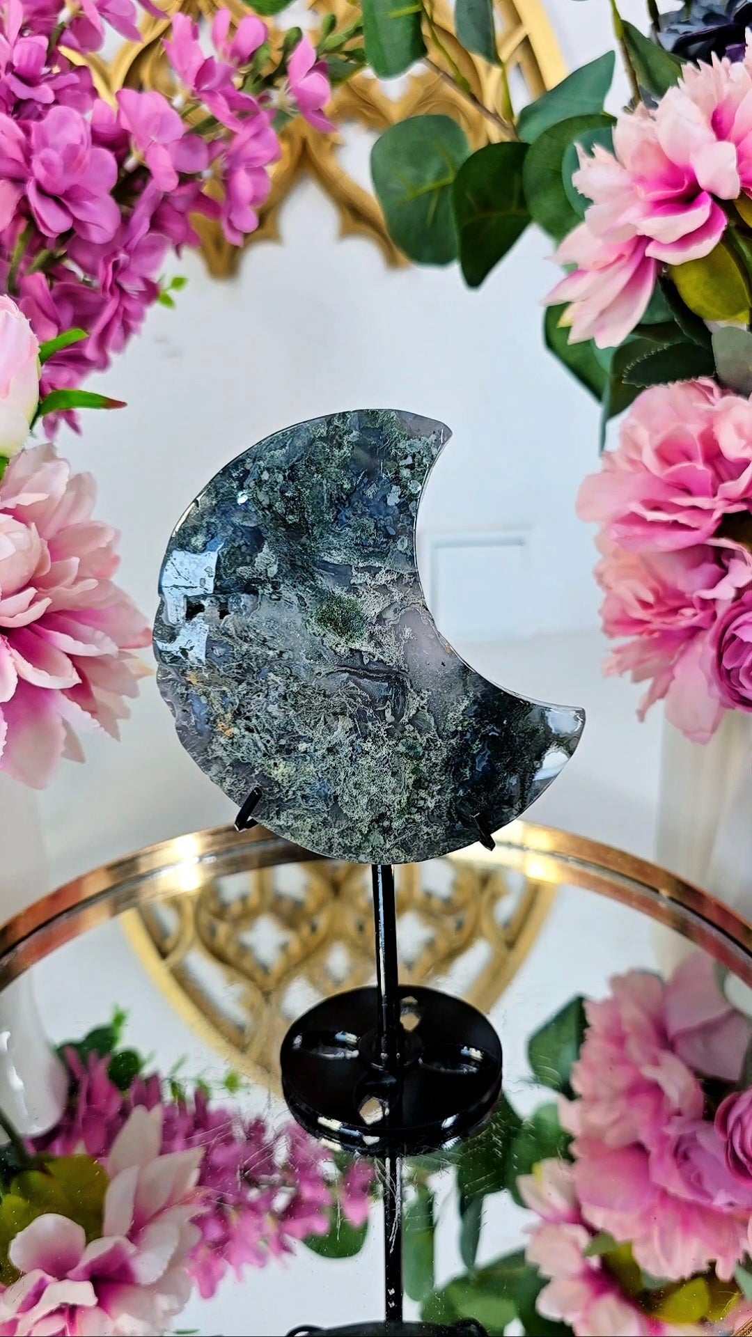 Moss Agate Moon on stand 01