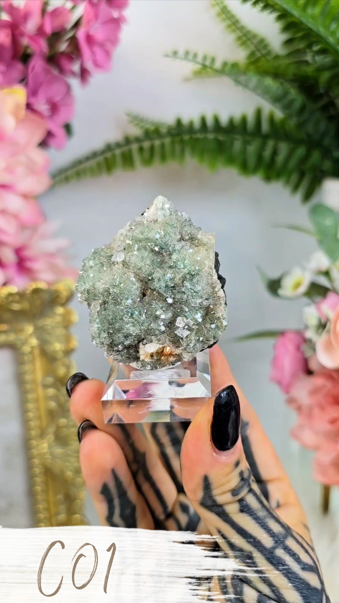 Sparkly Heulandite on Green Chalcedony