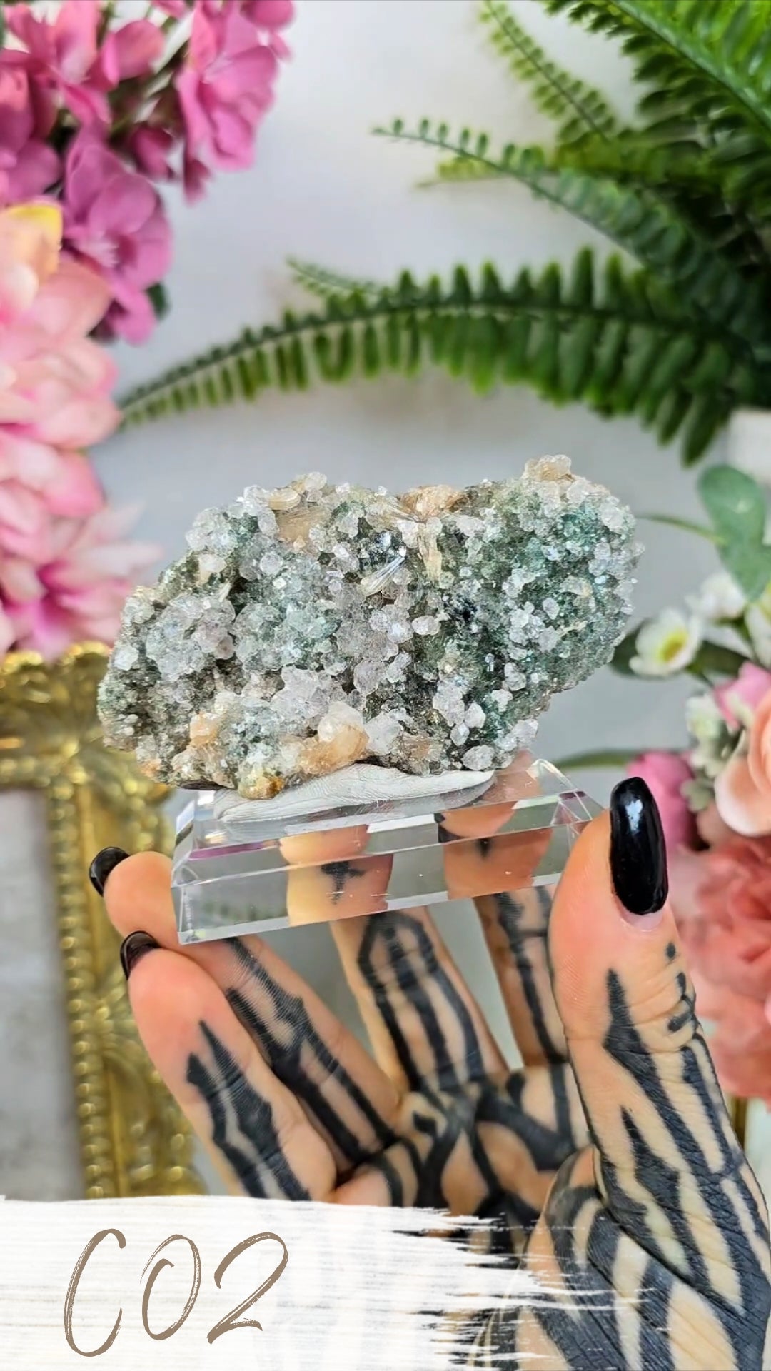 Sparkly Heulandite on Green Chalcedony