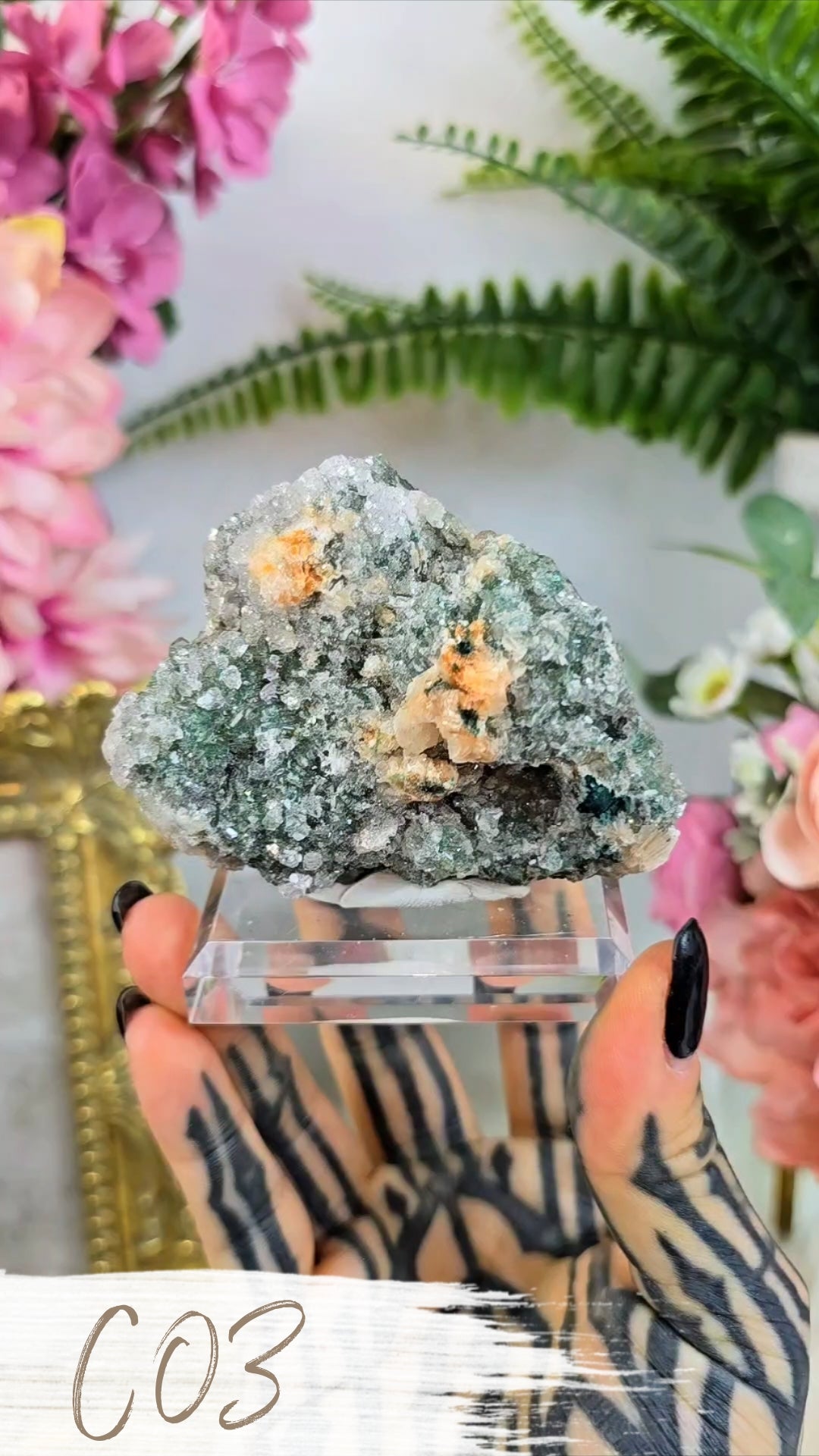 Sparkly Heulandite on Green Chalcedony