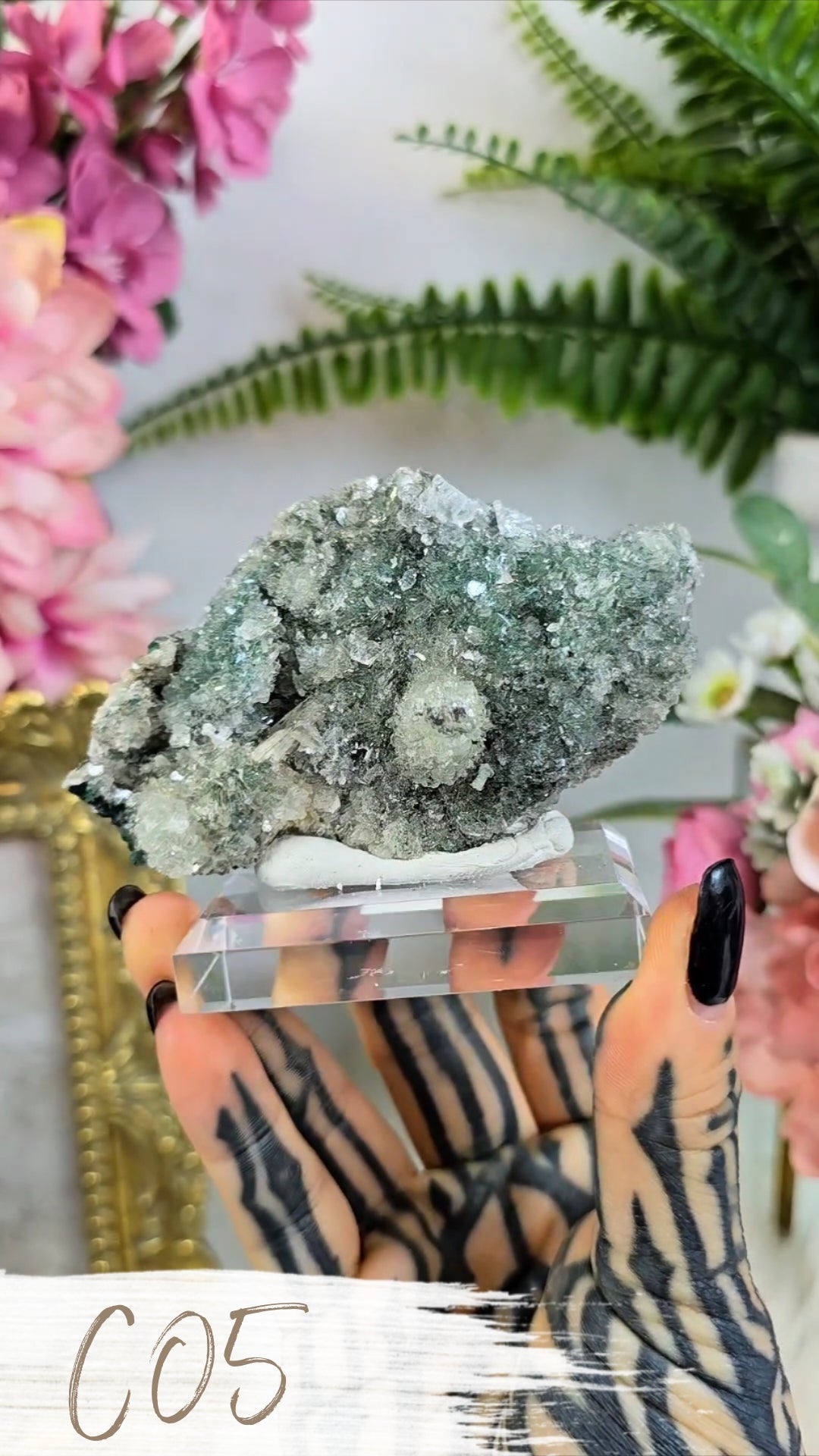 Sparkly Heulandite on Green Chalcedony