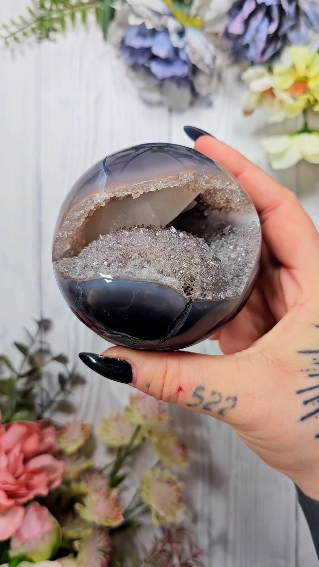 Druzy Agate Sphere with clacite tooth CS73