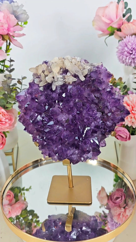 Big Dark Amethyst with Calcite Formation on Stand