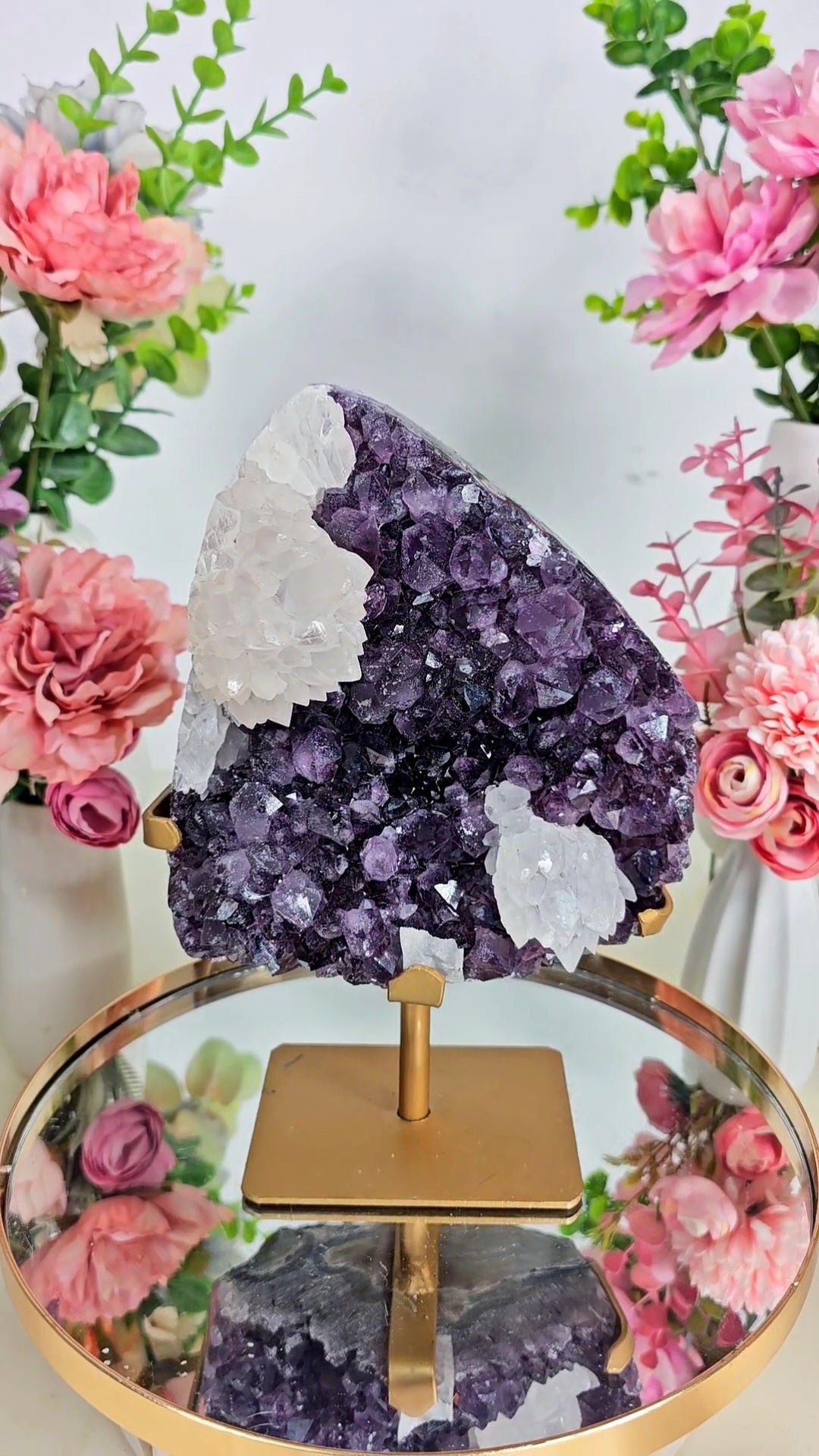 Big Dark Amethyst with Calcite Formation on Stand