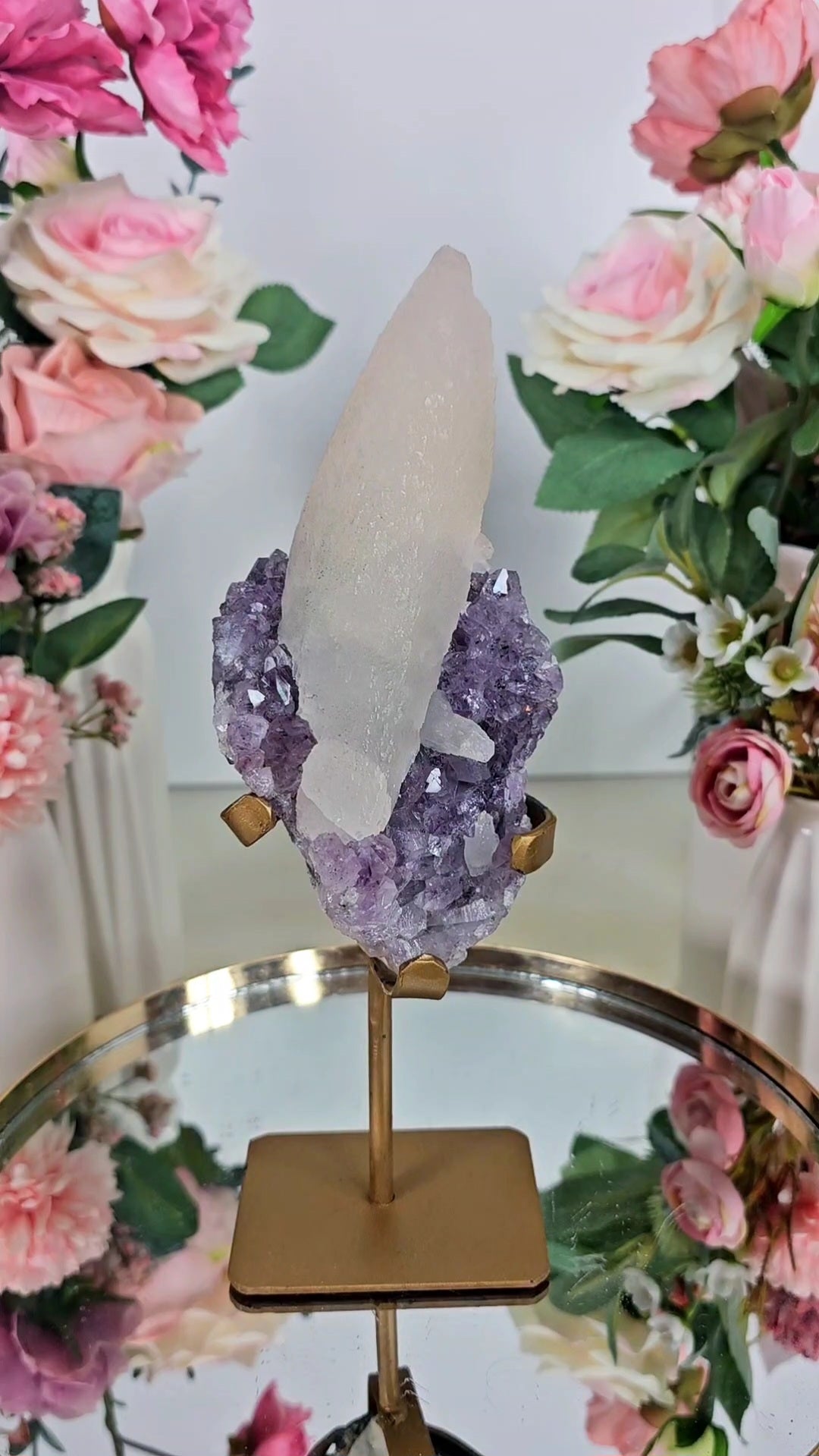 Amethyst with BIG Calcite tooth on Stand