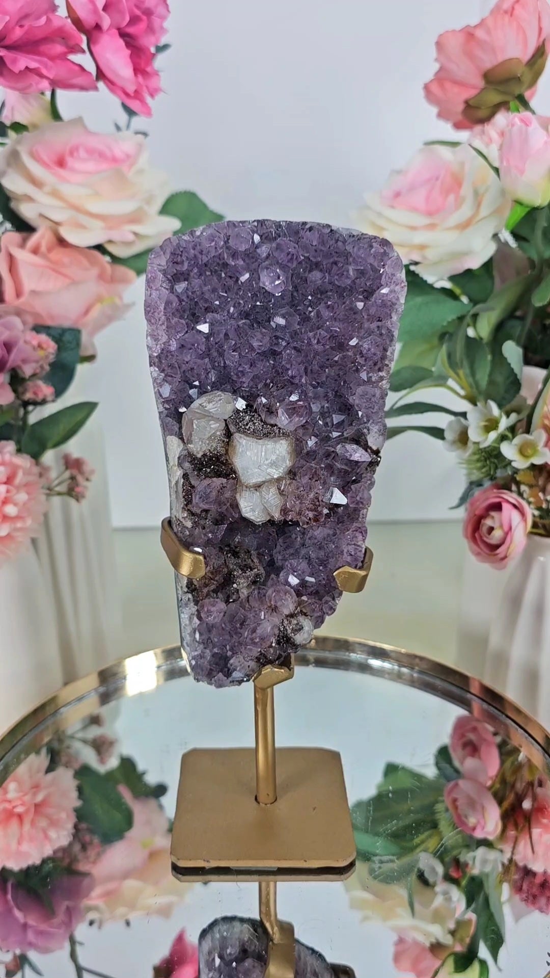 Amethyst with calcite cubes on Stand