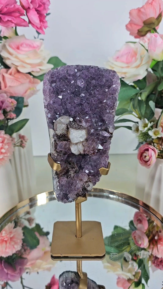 Amethyst with calcite cubes on Stand