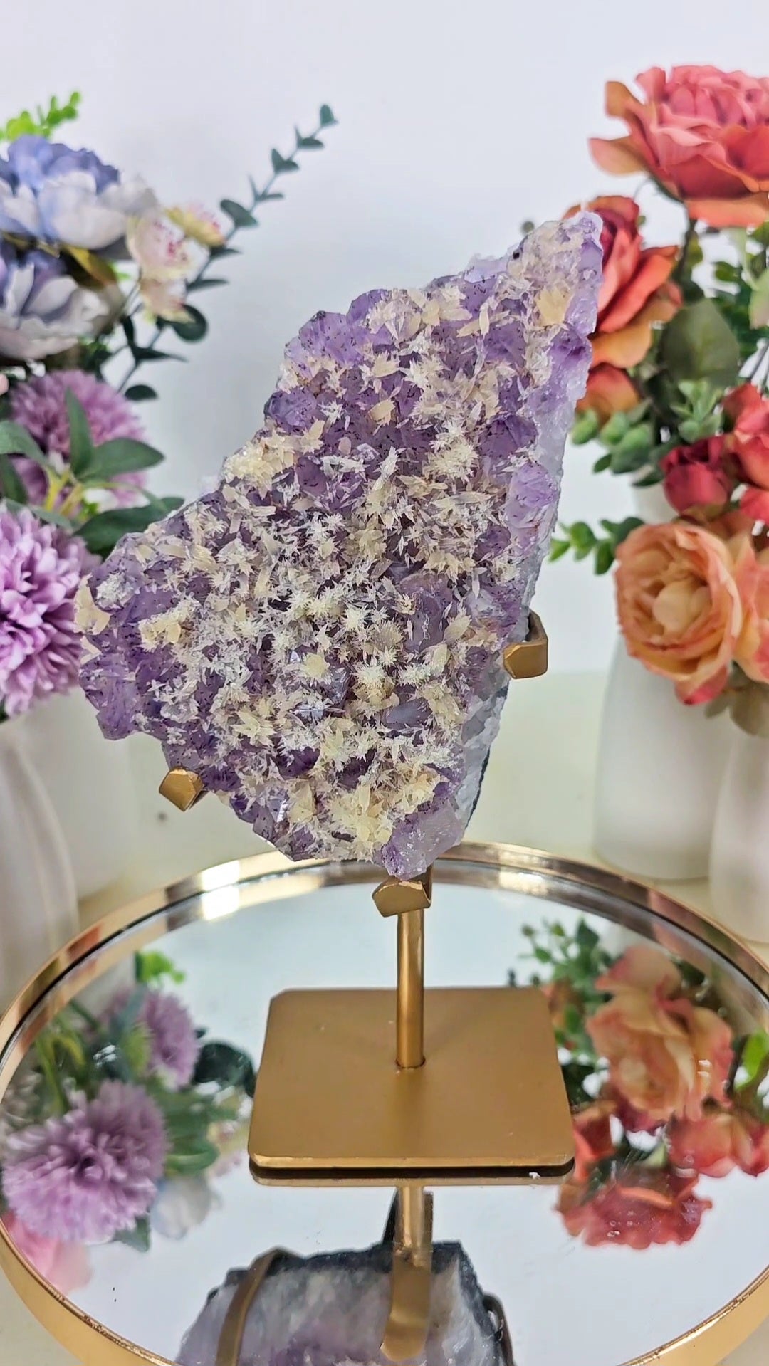 Big Amethyst with spikey Calcite on Stand