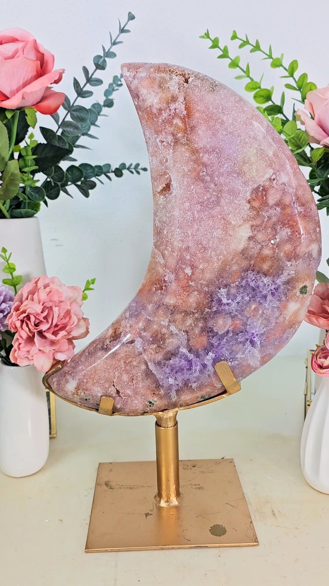 HUGE Pink Amethyst Moon on stand CM38