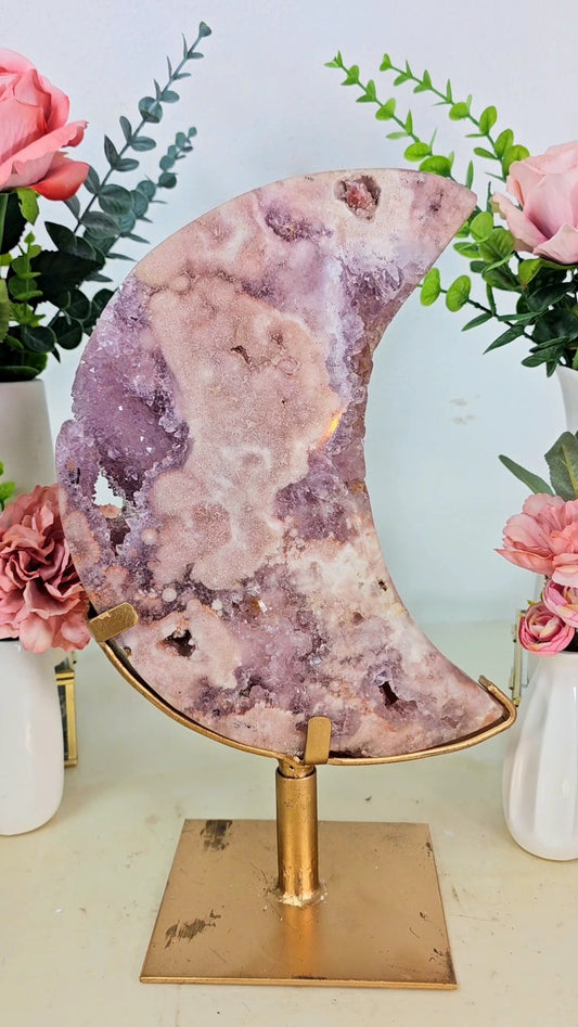 HUGE Pink Amethyst Moon on stand CM39