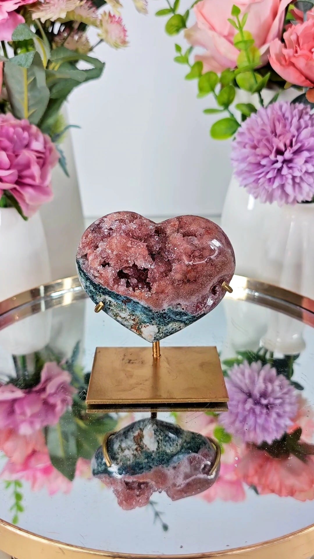 Pink Amethyst Heart on stand H99