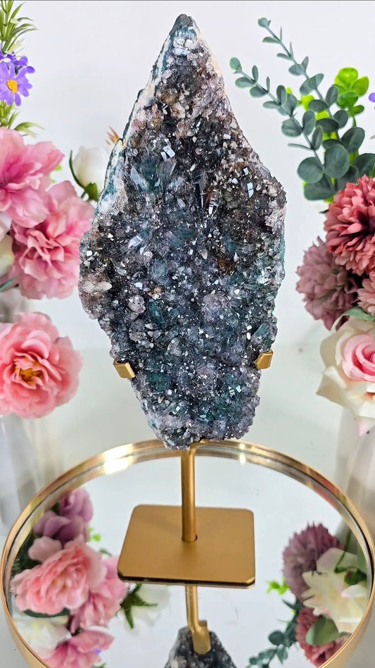 Dark Green Quartz Flowers with Hematite on stand