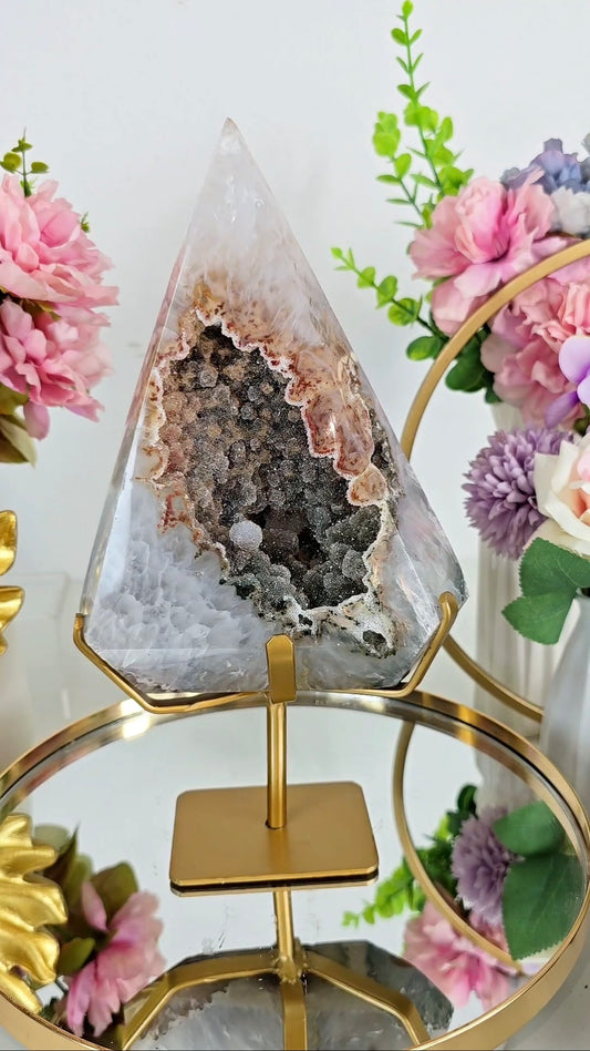Huge Druzy Quartz Flame / Pyramid / Diamond shape on standD15
