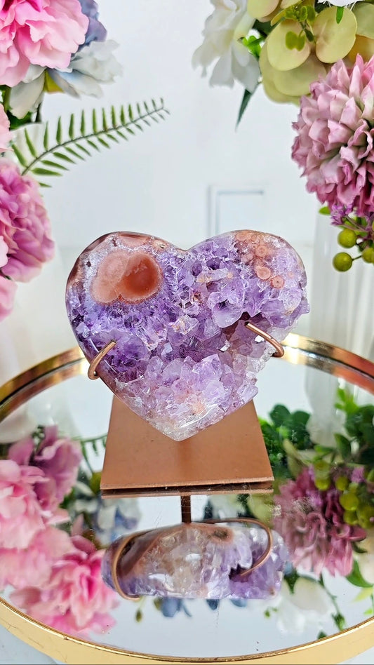 Pink Amethyst Heart on stand H19