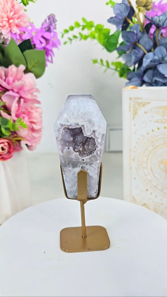 Druzy Agate Coffin on stand C01