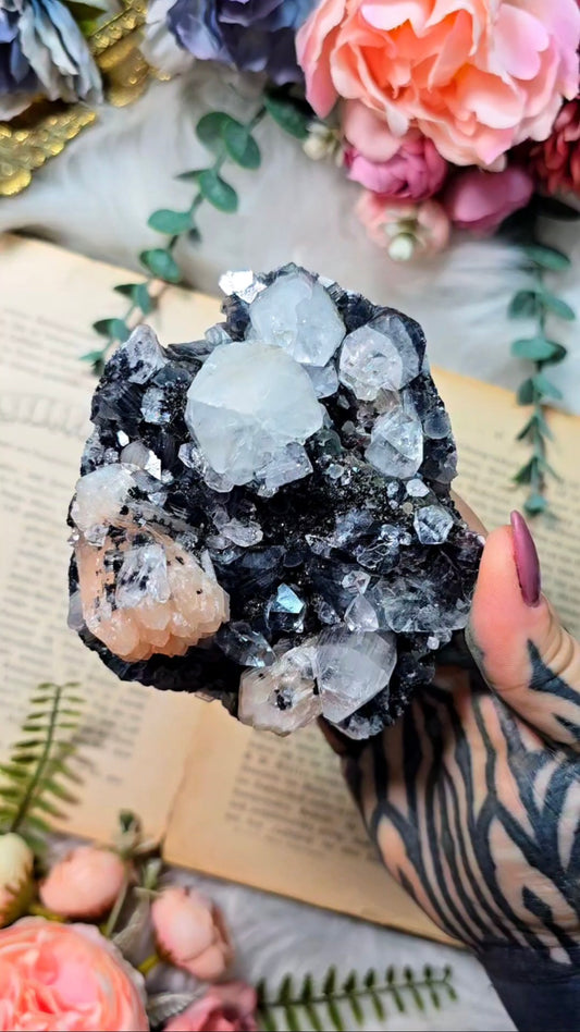 Black Chalcedony wit Apophyllite and Stilbite