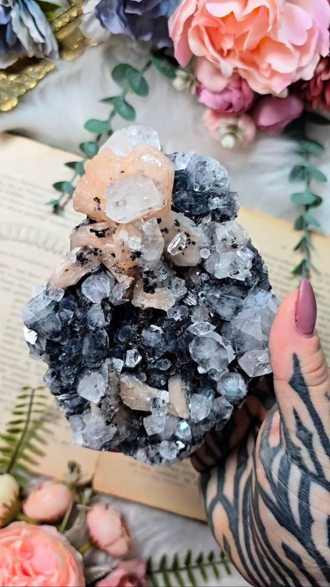 Black Chalcedony wit Apophyllite and Stilbite