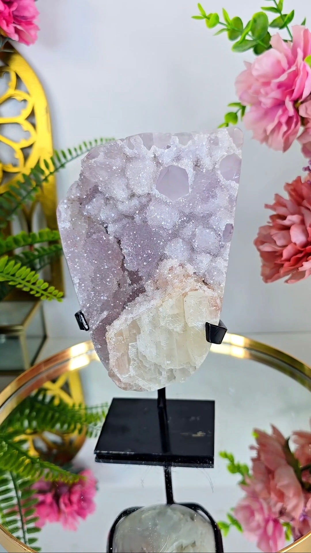 Rainbow Amethyst Piece with Calcite on Stand 71 — Natural Mineral Statement Piece