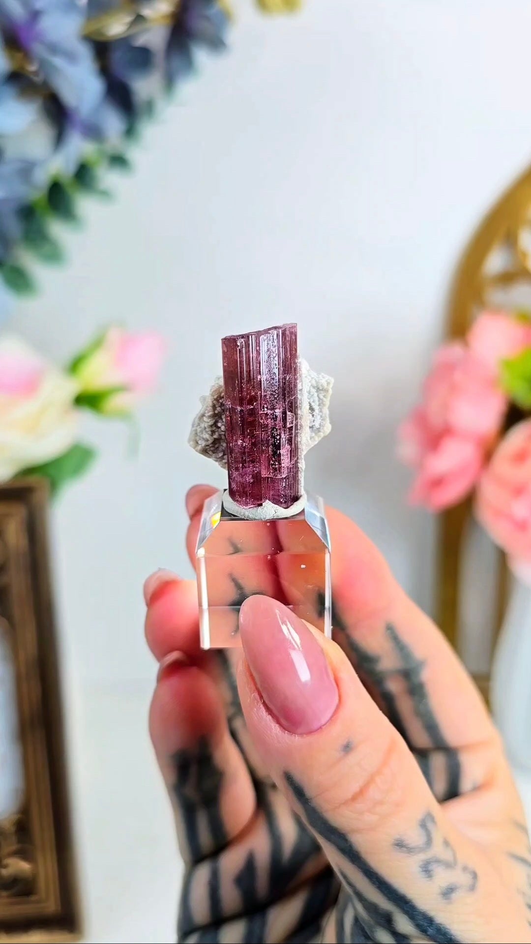 Tourmaline (Rubellite) + Albite Specimen on Base — Unique Mineral Display Piece