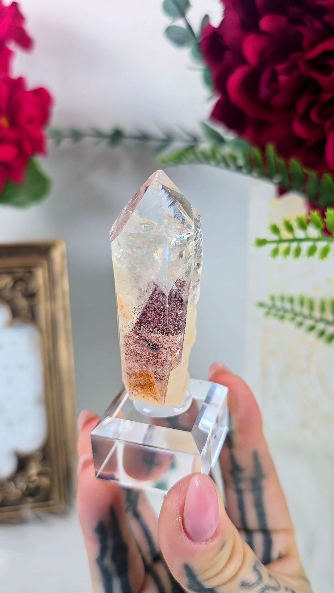 Red Hematite Phantom Point – Quartz + Hematite Specimen on Clear Display Base