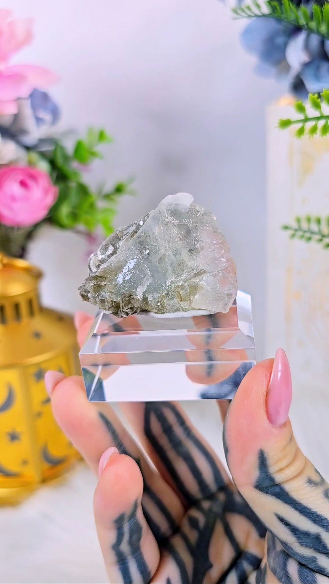 Pastel Pink & Green Fluorite with Muscovite – Rare Specimen on Clear Base