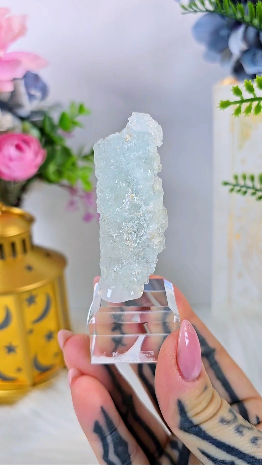 Rare Etched Aquamarine 07 – Natural Beryl Specimen on Clear Base, Unique Crystal
