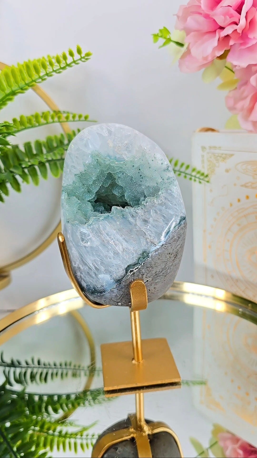 Green Soft Sugar Druzy Rainbow Amethyst Piece on Stand 87 — Natural Mineral Statement Piece
