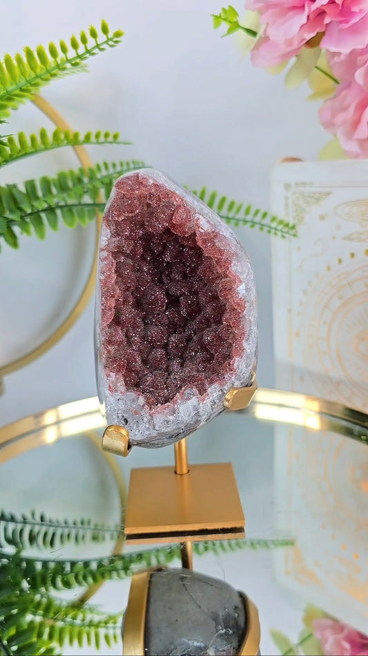 Red Sugar Druzy Rainbow Amethyst Piece on Stand 86 — Natural Mineral Statement Piece