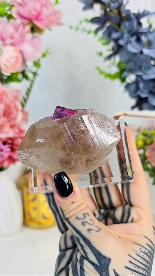 Tourmaline (Rubellite) on Smoky Quartz Specimen on Base — Unique Mineral Display Piece