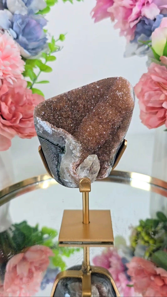 Sugar Druzy Rainbow Amethyst with Calcite on Stand 94 — Natural Mineral Statement Piece