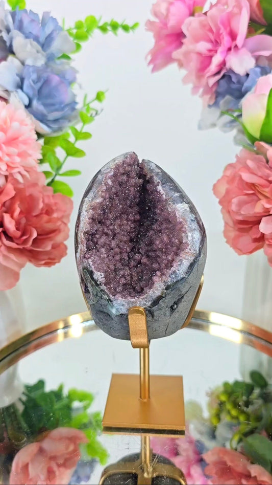 Sugar Druzy Rainbow Amethyst on Stand 95 — Natural Mineral Statement Piece