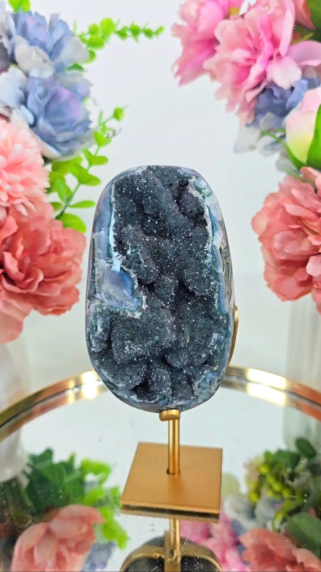 Sugar Druzy Rainbow Amethyst on Stand 96 — Natural Mineral Statement Piece
