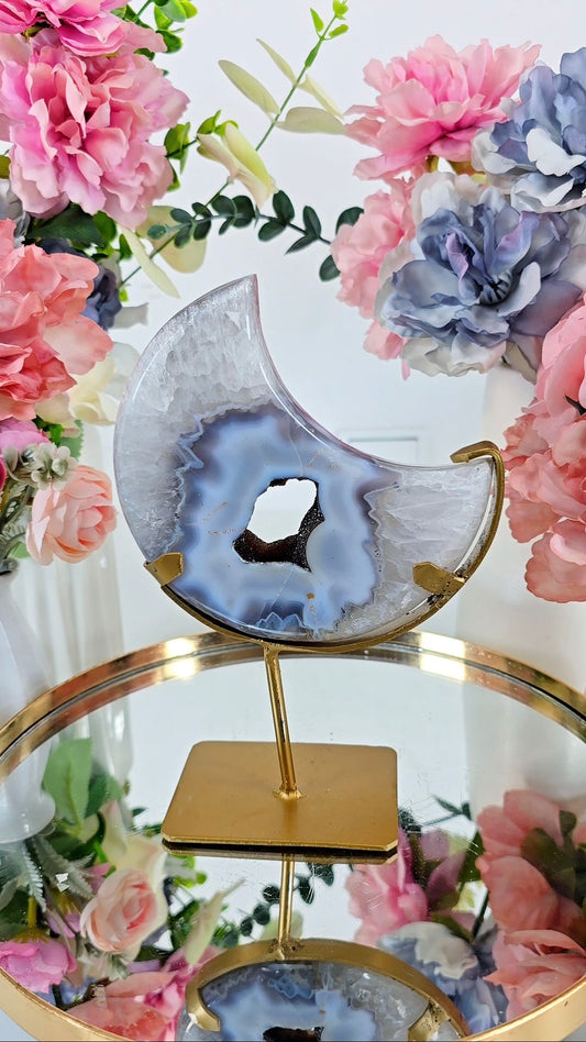 Double sided Druzy Agate Moon on stand CM345