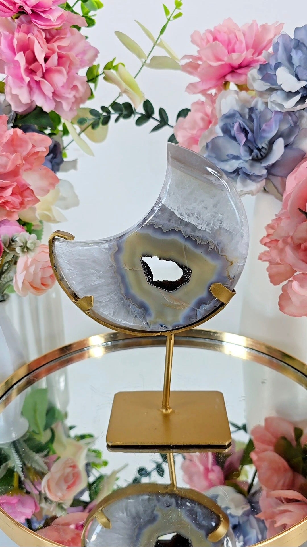 Double sided Druzy Agate Moon on stand CM345