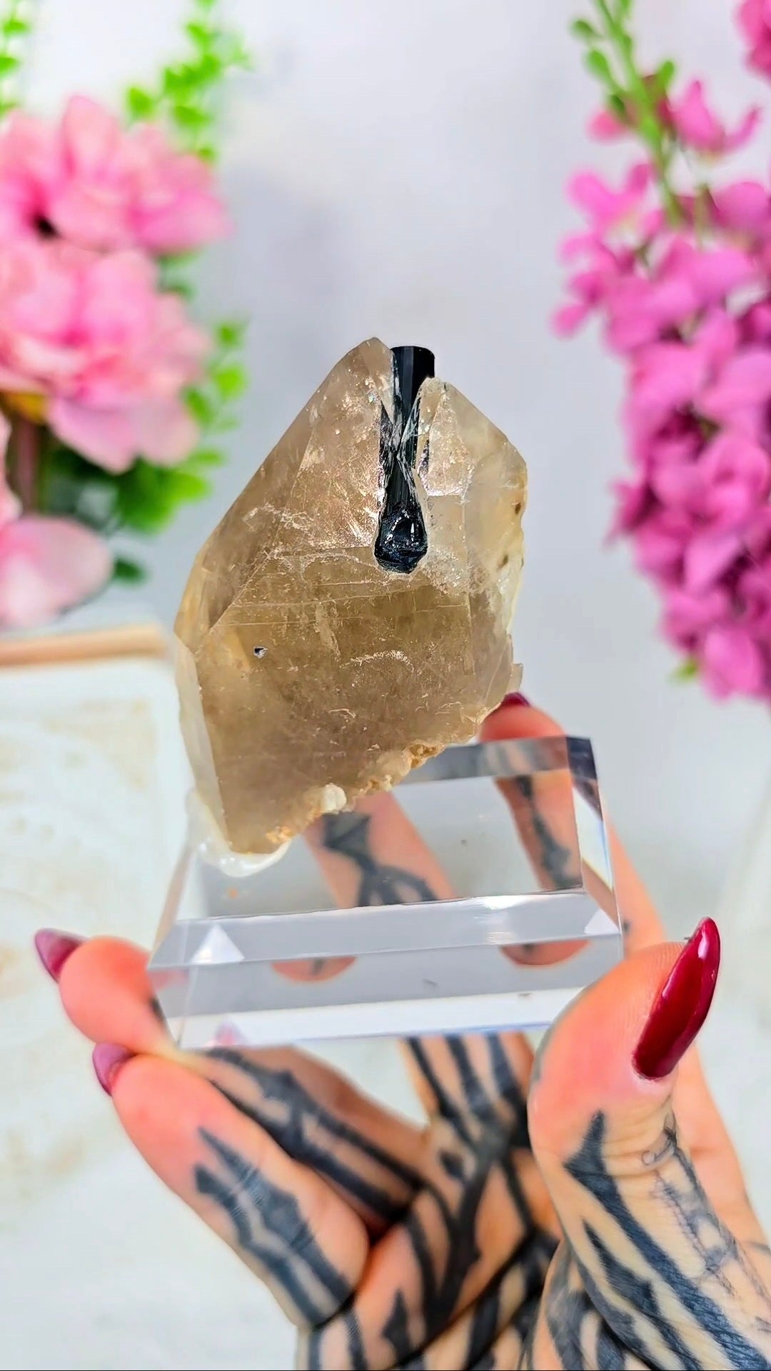 Blue / Green Tourmalin on Smoky Quartz Specimen on Base 03