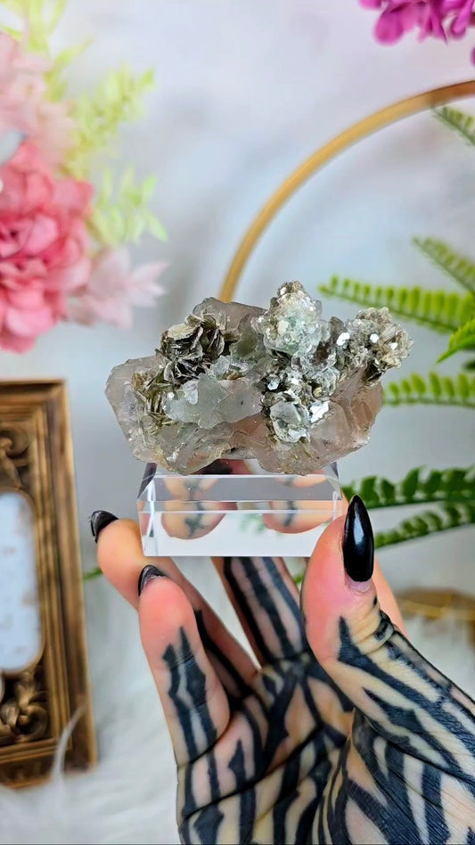 Pink / Green Fluorite on Muscovite Specimen on Base 07