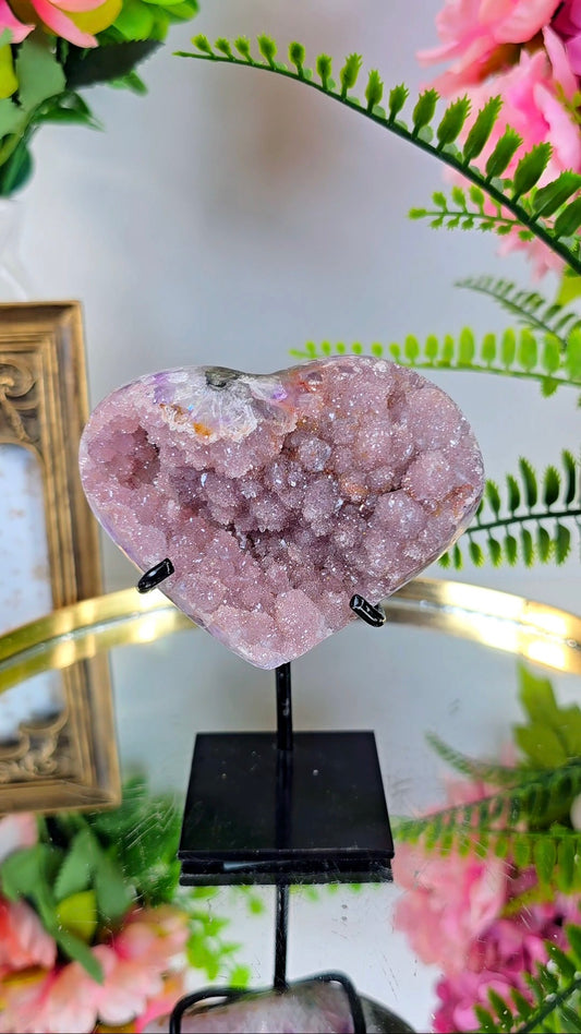 Pink Rainbow Amethyst Heart on Stand CH90