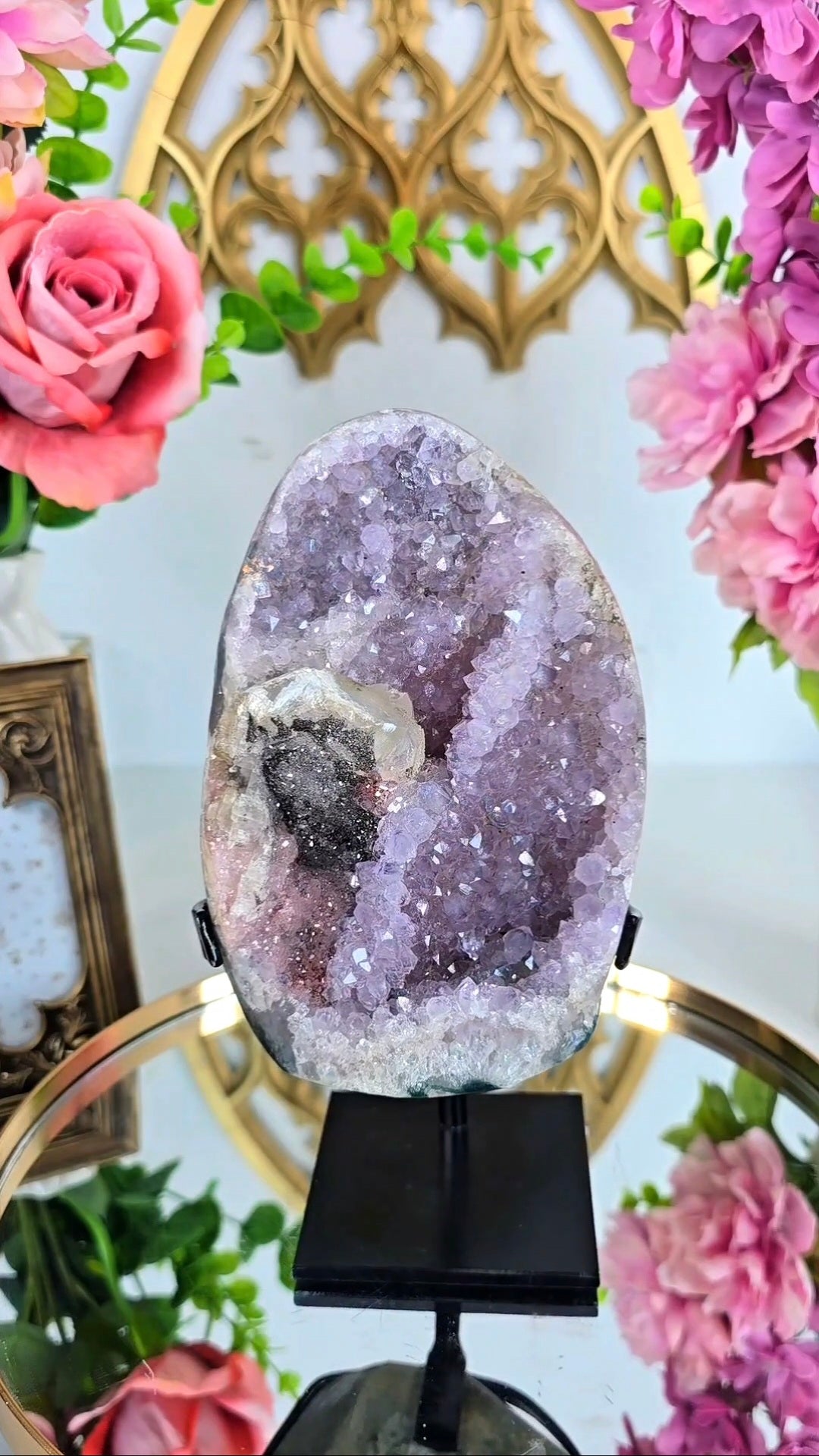 Rainbow Amethyst with Calcite and Hematite on Stand 139