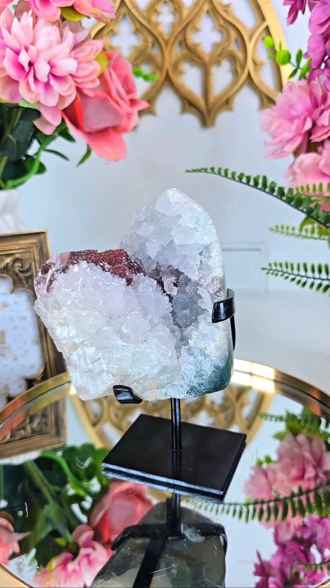 Sugar Druzy Rainbow Amethyst with Calcite and Hematite on Stand 138