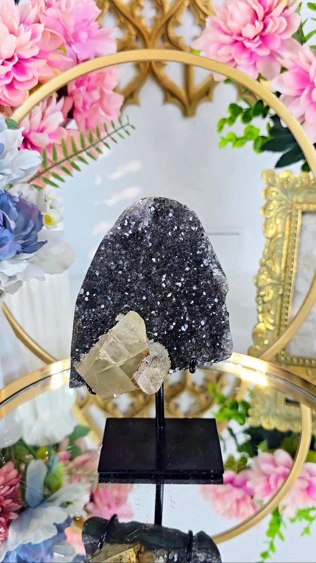 Black Amethyst with Calcite on Stand 143