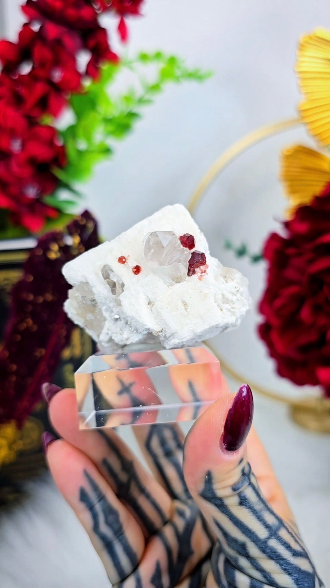 Garnet and Quartz on Albite Mineral Specimen on Stand G07