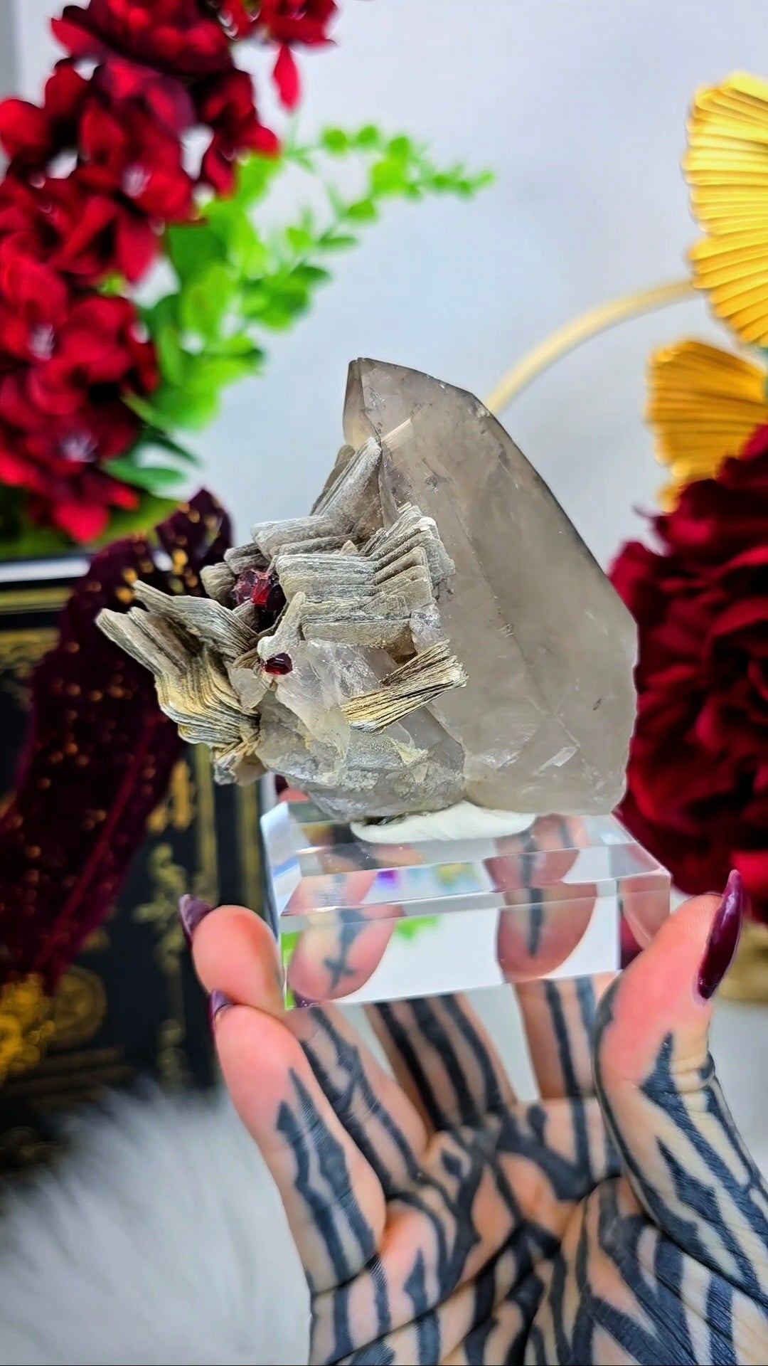 Garnet on Muscovite with Smoky Quartz Mineral Specimen on Stand G09